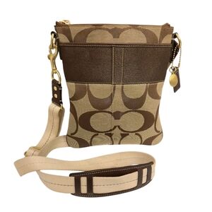COACH 2007 Signature Jacquard Stripe Brown and Khaki Swingpack Crossbody Bag